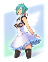 Rule 34 | 10s, 1girl, aquarion (series), aquarion evol, bare shoulders, blue eyes, breastless clothes, breasts, dress, covered erect nipples, green hair, highres, masn (moxi), revealing clothes, solo, thighhighs, underboob, zessica wong