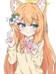 Rule 34 | 1girl, absurdres, animal ears, blue archive, blue eyes, blush, bow, bowtie, closed mouth, collared shirt, flower, hair between eyes, hair flower, hair ornament, halo, highres, long hair, long sleeves, mangyu0111, mari (blue archive), orange hair, pink bow, pink bowtie, shirt, simple background, solo, upper body, white background, white flower, white shirt, yellow halo, yellow shirt
