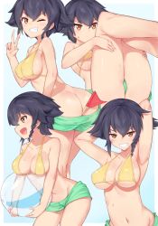 Rule 34 | 10s, 1girl, ;d, absurdres, armpits, arms behind head, arms up, ass, back, bad id, bad pixiv id, ball, bare legs, beachball, between buttocks, bikini, bikini top only, black hair, blue background, blush, braid, breast rest, breasts, brown eyes, butt crack, cleavage, closed mouth, clothes pull, collarbone, covered erect nipples, flag, girls und panzer, green shorts, grin, highres, holding, holding ball, large breasts, leaning forward, legs up, looking at viewer, looking back, lying, mooning, multiple views, navel, on back, one eye closed, open mouth, outside border, pepperoni (girls und panzer), profile, short hair, short shorts, shorts, shorts pull, side braid, sideboob, simple background, smile, stomach, string bikini, sweatdrop, swimsuit, teeth, thighs, transparent, tsurime, twisted torso, underboob, upper body, v, v-shaped eyebrows, yellow bikini, yoi naosuke