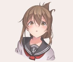 Rule 34 | 1girl, anchor symbol, bad id, bad pixiv id, black sailor collar, blush, brown eyes, brown hair, folded ponytail, grey background, hair between eyes, highres, inazuma (kancolle), kantai collection, knt02142769, long hair, looking at viewer, neckerchief, open mouth, portrait, red neckerchief, sailor collar, school uniform, serafuku, simple background, solo