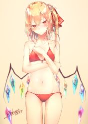 Rule 34 | 1girl, artist name, bare arms, bare shoulders, beige background, bikini, blonde hair, blush, collarbone, commentary request, cowboy shot, crystal, dated, flandre scarlet, flat chest, front-tie bikini top, front-tie top, hair between eyes, hair ornament, hair ribbon, hair scrunchie, halterneck, hand up, head tilt, highres, navel, no headwear, one side up, pointy ears, red bikini, red eyes, red ribbon, ribbon, sakusyo, scrunchie, side-tie bikini bottom, signature, simple background, solo, standing, stomach, swimsuit, thighs, touhou, white scrunchie, wings