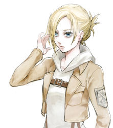 Rule 34 | 1girl, annie leonhart, blonde hair, blue eyes, brown jacket, chest belt, commentary, cropped jacket, hair bun, tucking hair, hand up, hood, hood down, hoodie, jacket, leather belt, looking to the side, open clothes, open jacket, parted lips, shingeki no kyojin, short hair, simple background, single hair bun, solo, standing, swept bangs, tontan, upper body, white background, white hoodie