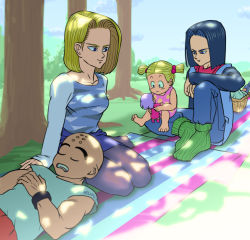 Rule 34 | 2boys, 2girls, android 17, android 18, blonde hair, blue eyes, child, doll, dragon ball, dragonball z, family, father and daughter, husband and wife, kuririn, marron (dragon ball), mother and daughter, multiple boys, multiple girls, pantyhose, picnic, shade, short hair, sleeping, smile, uncle and niece