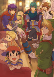 Rule 34 | 6+boys, blonde hair, blue eyes, blue hair, brown eyes, brown hair, cape, card, child, doseisan, fire emblem, fire emblem: mystery of the emblem, fire emblem: path of radiance, gloves, grin, hat, headband, holding, holding card, ike (fire emblem), kid icarus, link, lucas (mother 3), male focus, mario, mario (series), marth (fire emblem), mother (game), mother 2, mother 3, multiple boys, ness (mother 2), nikayu, nintendo, pig, pile of cards, pit (kid icarus), playing card, princess peach, smile, super smash bros., the legend of zelda, tiara, toon link, wings