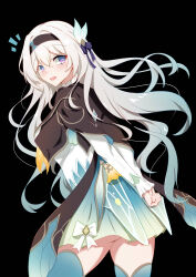 Rule 34 | 1girl, :d, absurdres, arm behind back, black background, black hairband, black jacket, blue bow, blue eyes, blue hair, blue pupils, blue skirt, blue thighhighs, bow, collared shirt, cowboy shot, cropped jacket, firefly (honkai: star rail), from side, gradient hair, grey hair, hair between eyes, hair bow, hair intakes, hairband, highres, honkai: star rail, honkai (series), ice choco maker, jacket, legs apart, long sleeves, looking at viewer, multicolored hair, neckerchief, notice lines, open mouth, orange neckerchief, pleated skirt, shirt, sidelocks, simple background, skirt, smile, solo, thighhighs, white shirt, zettai ryouiki