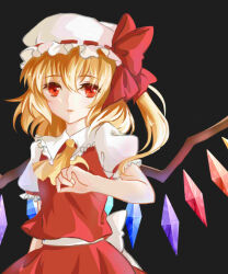 Rule 34 | 1girl, ascot, back bow, bow, breasts, collared shirt, cowboy shot, crystal, dark background, flandre scarlet, frilled shirt collar, frilled sleeves, frills, hat, hat bow, hat ribbon, looking at viewer, lqk jing jia, mob cap, multicolored wings, open mouth, puffy short sleeves, puffy sleeves, red bow, red eyes, red ribbon, red skirt, red vest, ribbon, ribbon-trimmed headwear, ribbon trim, shirt, short sleeves, simple background, skirt, skirt set, sleeve ribbon, small breasts, solo, touhou, vest, white bow, white hat, white shirt, wings, yellow ascot