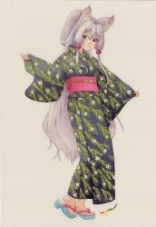 1girl animal_ear_fluff animal_ears artist_name beads black_kimono closed_mouth double-parted_bangs floral_print floral_print_kimono fox_ears fox_girl full_body grey_hair hair_beads hair_between_eyes hair_ornament heel_up highres japanese_clothes kimono long_hair long_sleeves obi painting_(medium) pink_eyes pink_sash sandals sash signature simple_background smile solo touhoku_itako traditional_media uryan! very_long_hair voiceroid watercolor_(medium) white_background wide_sleeves zouri