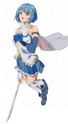 Rule 34 | 1girl, absurdres, bare shoulders, blue eyes, blue footwear, blue hair, blue skirt, boots, cape, detached sleeves, floating cape, fortissimo, full body, gloves, hair ornament, highres, holding, holding sword, holding weapon, looking afar, magical girl, mahou shoujo madoka magica, mahou shoujo madoka magica (anime), miki sayaka, miki sayaka (magical girl), musical note, musical note hair ornament, naive1919810, open mouth, pleated skirt, short hair, simple background, skirt, solo, standing, standing on one leg, sword, thighhighs, weapon, white background, white cape, white gloves, white thighhighs
