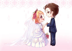 Rule 34 | 1boy, 1girl, :d, artist name, black jacket, black pants, blonde hair, blush, bouquet, bridal veil, bride, brown eyes, brown hair, chibi, closed mouth, couple, crying, crying with eyes open, dress, eye contact, flower, formal, full body, gradient background, groom, hair flower, hair ornament, happy tears, hetero, holding, holding bouquet, holding hands, hyanna-natsu, jacket, looking at another, open mouth, pants, pink background, red eyes, red flower, red rose, rose, see-through, short sleeves, skip beat!, smile, sparkle, standing, suit, tareme, tears, tiara, veil, wedding dress