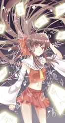 Rule 34 | 1girl, adapted costume, broken glass, brown hair, collar, dated, detached sleeves, frilled collar, frilled shirt collar, frills, glass, grey background, hair ribbon, hakurei reimu, highres, long hair, miniskirt, ofuda, pleated skirt, ponytail, red eyes, red skirt, ribbon, signature, skirt, solo, touhou, tress ribbon, very long hair, vioro, wide sleeves