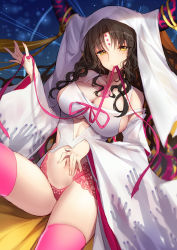 Rule 34 | 1girl, bison cangshu, breasts, brown hair, cleavage, clothing cutout, facial mark, fate/grand order, fate (series), forehead mark, horns, large breasts, mouth hold, panties, pink panties, pink thighhighs, ribbon, sessyoin kiara, solo, thighhighs, underboob cutout, underwear, veil, yellow eyes