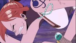 Rule 34 | 1girl, all fours, animated, animated gif, bare shoulders, bouncing breasts, breasts, cleavage, clenched teeth, earrings, closed eyes, hanging breasts, jewelry, large breasts, lowres, nami (one piece), one piece, orange hair, sexually suggestive, tattoo, teeth