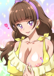 Rule 34 | 1girl, amanogawa kirara, artist name, bare shoulders, blush, bow, breasts, brown hair, earrings, go! princess precure, hairband, heart, impossible clothes, jewelry, joy ride, large breasts, long hair, low twintails, nail polish, nipple slip, nipples, precure, purple eyes, smile, solo, star (symbol), star earrings, twintails