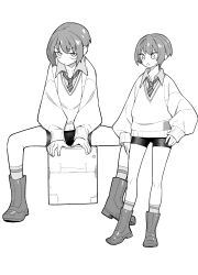 1girl amate_yuzuriha boots closed_mouth gquuuuuux greyscale gundam highres long_sleeves monochrome necktie shirt short_hair shorts sitting socks tanaka_ahiru