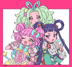 Rule 34 | 3girls, :3, ;d, animal ears, blunt bangs, bow, chinese clothes, detached sleeves, double bun, double v, dress, earrings, embarrassed, green hair, hair bow, hair bun, hair rings, hand up, hands up, heart, idol clothes, jewelry, kiracchu (pri chan), kiratto pri chan, long hair, looking at another, looking at viewer, melpan (pri chan), multiple girls, one eye closed, open mouth, parted bangs, pink dress, pink eyes, pink hair, pretty series, purple eyes, rabbily (kiratto pri chan), rabbit ears, rituyama1, smile, standing, twintails, v, yellow eyes