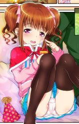 Rule 34 | 1girl, brown hair, capelet, crotch seam, cup, drinking glass, glass, hat, lace, lace-trimmed panties, lace trim, mudou eichi, original, panties, party hat, pink panties, plaid, plaid skirt, polka dot, polka dot panties, purple eyes, short hair, skirt, solo, thighhighs, twintails, underwear
