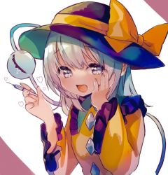 Rule 34 | 1girl, :d, black hat, blue eyes, bow, breasts, commentary request, fingernails, frilled shirt collar, frills, hair between eyes, hand on own cheek, hand on own face, hand up, hat, hat bow, heart, holding, holding syringe, komeiji koishi, long hair, long sleeves, looking at viewer, moni monico, open mouth, shirt, silver hair, simple background, small breasts, smile, solo, syringe, third eye, touhou, upper body, white background, wide sleeves, yellow bow, yellow shirt, ||/