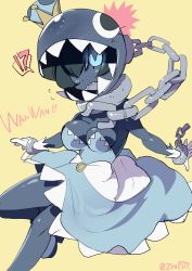 Rule 34 | !?, 1girl, breasts, chain chomp, chain, collar, colored skin, crown, dress, female focus, grey skin, highres, mario (series), monster girl, nintendo, no pupils, open mouth, personification, princess chain chomp, solo, super crown, twitter username, yellow background, z-ton