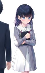 Rule 34 | 1boy, 1girl, black hair, blue eyes, blush, closed mouth, commentary request, cowboy shot, dress, gakuran, grey dress, half updo, highres, holding, holding notebook, long sleeves, looking down, medium hair, na-ga, neckerchief, notebook, hugging object, original, out of frame, red neckerchief, sailor collar, school uniform, serafuku, simple background, solo focus, standing, white background, white sailor collar
