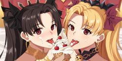 Rule 34 | 2girls, absurdres, black ribbon, blonde hair, blush, brown hair, cherry, choker, commentary request, earrings, ereshkigal (fate), fate/grand order, fate (series), food, food on face, fruit, gold earrings, hair ribbon, highres, ice cream, ice cream cone, ice cream on face, ishtar (fate), jewelry, licking, long hair, looking at viewer, multiple girls, open mouth, partial commentary, red eyes, red ribbon, ribbon, sexually suggestive, siblings, sisters, skull choker, teeth, tiara, tongue, tongue out, two side up, upper teeth only, woshikun01