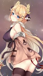 Rule 34 | 1girl, alternate costume, artist name, ass, azur lane, bag, bare shoulders, black sweater, black thighhighs, blonde hair, blue eyes, blue sky, blush, breasts, breath, brown coat, can, cloud, coat, coat dress, commentary request, cross, cross necklace, hair ornament, hair ribbon, hairclip, highres, holding, holding bag, jewelry, kaetzchen, large breasts, laurel crown, long hair, looking at viewer, necklace, off shoulder, ribbed sweater, ribbon, scarf, sideboob, sidelocks, skindentation, sky, smile, solo, sweater, sweater vest, thighhighs, very long hair, victorious (azur lane), victorious (the goddess&#039; day off) (azur lane)