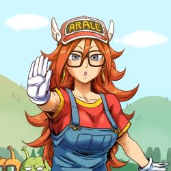 Rule 34 | 1girl, 2boys, alien, android 21, artist request, breasts, character request, cosplay, crossover, dr. slump, dragon ball, dragon ball fighterz, earrings, fangs, glasses, jewelry, large breasts, long hair, looking at viewer, lowres, multiple boys, norimaki arale, norimaki arale (cosplay)