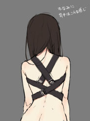 Rule 34 | 1girl, arms at sides, back, black hair, bottomless, butt crack, convenient censoring, corset, facing away, from behind, grey background, kamon (shinshin), long hair, original, out-of-frame censoring, simple background, sketch, solo, strap, upper body