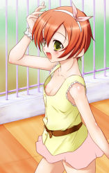 Rule 34 | 10s, 1girl, accidental exposure, blush, breasts, cleavage, downblouse, hair ribbon, hairband, hoshizora rin, looking at viewer, love live!, love live! school idol project, nipples, no bra, open mouth, orange hair, punineko, ribbon, shadow, short hair, small breasts, smile, solo, standing, yellow eyes