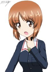 Rule 34 | 10s, 1girl, artist name, blue jacket, brown eyes, brown hair, bukkuri, dated, girls und panzer, green shirt, jacket, long sleeves, looking at viewer, military, military uniform, nishizumi miho, ooarai military uniform, open mouth, shirt, short hair, signature, simple background, sketch, solo, standing, throat microphone, uniform, upper body, white background