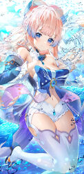 Rule 34 | 1girl, absurdres, air bubble, bare shoulders, blue bow, blue eyes, blue hair, blue sleeves, bow, bow-shaped hair, breasts, bubble, cleavage, closed mouth, colored tips, detached collar, detached sleeves, fish, foot out of frame, genshin impact, gloves, half gloves, highres, jellyfish, kiramarukou, long hair, looking at viewer, medium breasts, multicolored hair, navel, pink hair, sandals, sangonomiya kokomi, shorts, smile, solo, thighhighs, vision (genshin impact), water, white gloves, white shorts, white thighhighs, zouri