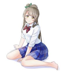 Rule 34 | 1girl, absurdres, artist request, barefoot, between legs, blue skirt, blush, bow, brown hair, female focus, green bow, grey hair, hand between legs, highres, kneeling, light brown hair, long hair, love live!, love live! school idol project, minami kotori, ribbon, school uniform, shirt, sitting, skirt, sleeves rolled up, smile, solo, tagme, wariza, white background, white shirt, yellow eyes