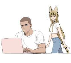 1boy 1girl :3 animal_ears black_choker black_eyes blue_pants buzz_cut cat_ears cat_tail choker computer crop_top denim gegegekman hair_between_eyes highres jeans laptop long_hair mole mole_on_neck mole_under_eye mole_under_mouth navel original pants serval shirt short_hair short_sleeves sidelocks simple_background sitting smile t-shirt table tail very_long_hair very_short_hair walking white_background white_shirt yellow_eyes