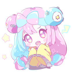Rule 34 | 1girl, :d, aqua hair, blush stickers, character hair ornament, chibi, commentary request, creatures (company), eyelashes, game freak, hair ornament, highres, iono (pokemon), jacket, long hair, mirai (sugar), multicolored hair, nintendo, open mouth, pink hair, pokemon, pokemon sv, purple eyes, sleeves past fingers, sleeves past wrists, smile, solo, star (symbol), teeth, two-tone hair, upper body, upper teeth only, yellow jacket