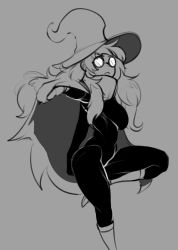 Rule 34 | 1girl, arms behind back, black bodysuit, bodysuit, boots, breasts, cape, cape hold, creatures (company), eigaka, from side, frown, game freak, glasses, grey background, greyscale, hat, hex maniac (pokemon), high collar, highres, knee boots, large breasts, leg up, long hair, long sleeves, looking away, messy hair, monochrome, nintendo, npc trainer, opaque glasses, outstretched arms, pokemon, pokemon rse, rimless eyewear, round eyewear, simple background, skin tight, solo, standing, standing on one leg, witch hat