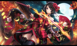 Rule 34 | 1girl, autumn leaves, bare shoulders, black hair, black kimono, black legwear, circle name, cloud, cloudy sky, dutch angle, fire, floral print, flower, full moon, glowing, glowing sword, glowing weapon, hair flower, hair ornament, holding, holding sword, holding weapon, holster, japanese clothes, katana, kimono, leaf, letterboxed, light particles, looking at viewer, maple leaf, moon, multicolored clothes, multicolored kimono, night, night sky, obi, original, panties, petals, purple eyes, red flower, red kimono, red panties, sash, short hair, sky, solo, sword, t-track, thigh holster, thighs, underwear, watermark, weapon, web address, wide sleeves