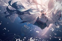 Rule 34 | 1girl, absurdly long hair, artist name, backwards text, black footwear, closed mouth, commentary request, dress, feathered wings, floating hair, flower, from above, hand up, hatsune miku, highres, long hair, looking at viewer, looking up, multiple wings, reflection, ripples, rose, shoes, solo, spencer sais, standing, twintails, very long hair, vocaloid, water, white dress, white flower, white rose, white wings, wings