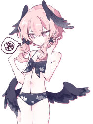 Rule 34 | 1girl, bikini, black bikini, black bow, black wings, blue archive, blush, bow, breasts, closed mouth, commentary, cowboy shot, english commentary, feathered wings, floral print, front-tie bikini top, front-tie top, hair between eyes, hair bow, hands up, head wings, highres, koharu (blue archive), koharu (swimsuit) (blue archive), long hair, low twintails, low wings, navel, official alternate costume, p (xop 7i), pink eyes, pink hair, print bikini, simple background, small breasts, solo, spaghetti strap, speech bubble, spoken squiggle, squiggle, swimsuit, twintails, white background, wings