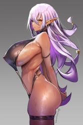 Rule 34 | 1girl, amamiya (abaros), armband, arms behind back, ass, black thighhighs, breasts, covered erect nipples, dark-skinned female, dark skin, dripping, earrings, from side, hair between eyes, halterneck, highres, huge breasts, jewelry, long hair, looking at viewer, nipples, original, plump, pointy ears, purple hair, revealing clothes, see-through, shiny clothes, sideboob, skindentation, solo, sweat, sweatdrop, tan, thick thighs, thighhighs, thighs, underboob, very long hair, yellow eyes