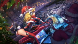 Rule 34 | 2girls, ass, bad id, bad pixiv id, blonde hair, blue eyes, bodysuit, cable, cat, christmas, christmas tree, gloves, hat, headphones, highres, holographic touchscreen, hover bike, long hair, mecha musume, multiple girls, observerz, open mouth, original, santa costume, santa hat, skin tight, sweat, thighhighs