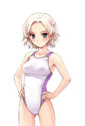Rule 34 | 1girl, blush, breasts, closed mouth, collarbone, competition swimsuit, cowboy shot, game cg, gluteal fold, grey eyes, hair intakes, hanami mariya, hands on own hips, highres, medium breasts, misaki kurehito, one-piece swimsuit, short hair, silver hair, smile cubic!, solo, standing, swimsuit, tachi-e, thigh gap, transparent background, white one-piece swimsuit