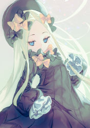 Rule 34 | 1girl, abigail williams (fate), black bow, black dress, black hat, black joa, blonde hair, blue eyes, bow, brown background, covered mouth, dress, fate/grand order, fate (series), gradient background, grey background, hair bow, hands in opposite sleeves, hat, highres, long hair, long sleeves, looking at viewer, orange bow, parted bangs, solo, very long hair