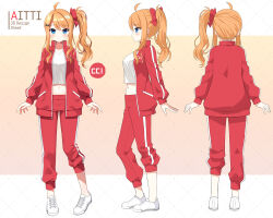 Rule 34 | 1girl, aitti (vtuber), blue eyes, bow, breasts, brown background, character name, closed mouth, collarbone, commentary request, crop top, hair between eyes, hair bow, indie virtual youtuber, jacket, korean commentary, long hair, mauve, medium breasts, midriff, multiple views, navel, open clothes, open jacket, orange hair, pants, red bow, red jacket, red pants, shirt, shoes, side ponytail, smile, track jacket, track pants, track suit, two-tone background, virtual youtuber, white background, white footwear, white shirt