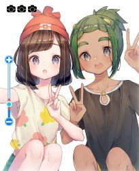 Rule 34 | 1boy, 1girl, beanie, blush, brown hair, commentary request, creatures (company), dark-skinned male, dark skin, floral print, game freak, green hair, green shorts, grey eyes, hand up, hat, hau (pokemon), highres, kajiki ngtk9, knees, looking at viewer, medium hair, minus sign, nintendo, open mouth, plus sign, pokemon, pokemon sm, red headwear, selene (pokemon), selfie, shirt, short ponytail, short sleeves, shorts, t-shirt, teeth, tongue, upper teeth only, v, viewfinder, white background
