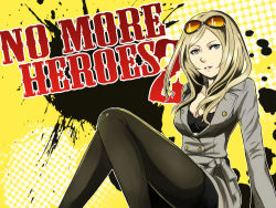 Rule 34 | 1girl, blonde hair, bra, breasts, cleavage, coat, female focus, goggles, grasshopper manufacture, green eyes, long hair, no more heroes, solo, sylvia christel, underwear