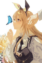 Rule 34 | 1girl, black bow, black ribbon, blonde hair, blue butterfly, bow, bug, butterfly, flower, frilled shirt, frills, hair bow, highres, insect, iwai ku tsuki, long hair, long sleeves, neck ribbon, original, parted lips, purple eyes, ribbon, shirt, white background, white shirt, yellow flower