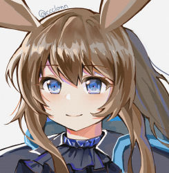 Rule 34 | 1girl, absurdres, amiya (arknights), animal ears, arknights, ascot, black ascot, black jacket, blue eyes, brown hair, ccclann, closed mouth, commentary, commentary request, english commentary, highres, huge filesize, jacket, long hair, looking at viewer, mixed-language commentary, portrait, rabbit ears, simple background, smile, solo, twitter username, white background