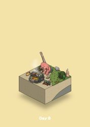 Rule 34 | animal, beach, bush, campfire, commentary request, cooking, diorama, eating, fish, food, fruit, gozz, grilling, highres, holding, holding food, isometric, original, rabbit, shell, sitting, steam, stone, yellow background