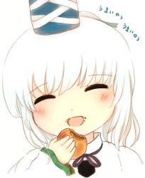 Rule 34 | 1girl, :d, ^ ^, blush, closed eyes, crumbs, eating, closed eyes, hat, holding, mononobe no futo, open mouth, rei (tonbo0430), ribbon, smile, solo, touhou, translation request, white hair