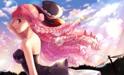 Rule 34 | 1girl, absurdres, bare shoulders, black dress, black hat, braid, breasts, cloud, commentary request, dress, drill hair, eyelashes, flower, hat, hat flower, highres, large breasts, lipstick, looking at viewer, looking to the side, makeup, one piece, outdoors, perona, pink flower, pink hair, pink rose, purple eyes, rose, side braid, sleeveless, sleeveless dress, solo, strapless, strapless dress, top hat, unworn hat, unworn headwear, yuzukin