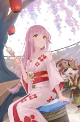 Rule 34 | 1girl, cat, cherry blossoms, chewing, closed mouth, commission, dango, eating, flower, food, highres, holding, holding food, lantern, long hair, looking at viewer, monster hunter (series), monster hunter rise, original, outdoors, paper lantern, pink flower, pink hair, q-v (levia), sanshoku dango, sitting, skeb commission, solo, tree, wagashi, white flower, yellow eyes